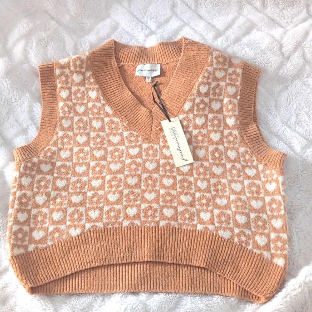Freshman 1996 Brown Heart Flower Squared Oversized Vest NWT Small